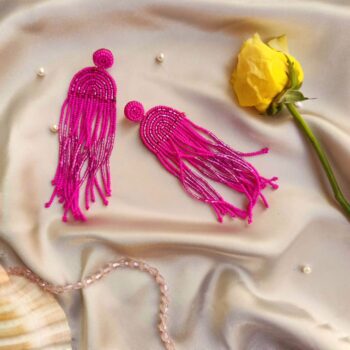Pink Handmade Beaded Dangler Earrings For Women